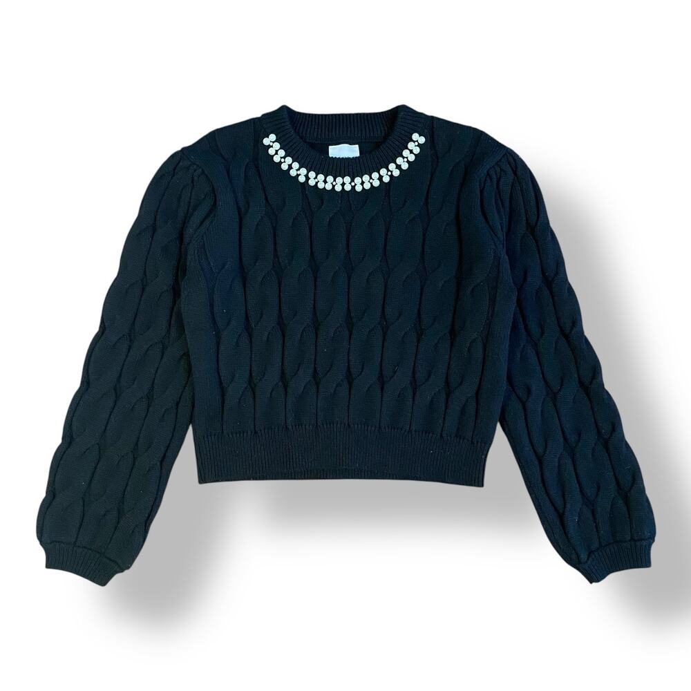 Lola Pearl‎ Neck Cropped Sweater Womens Size L Black Preppy